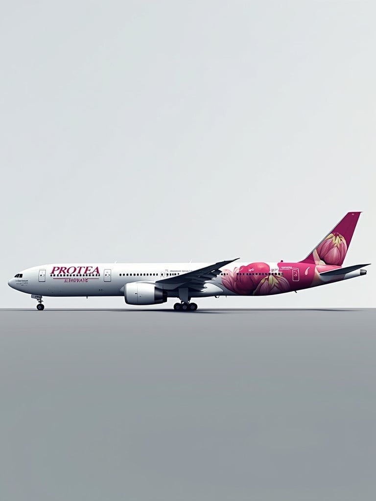 Boeing 777-300ER design featuring Protea flower logo on airline livery named Protea Airways. Show side view of the aircraft clearly displaying the branding.