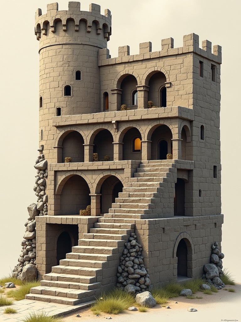 Cross-section representation of a castle showing three levels and a central staircase. Detailed stone texture and architectural features visible.