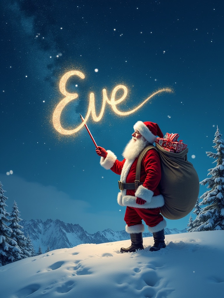 Santa Claus stands on a snowy hill in winter. He wears traditional red and white clothing. He writes the name 'Eve' in the sky with magic. A large sack of gifts rests on his back. The scene is set under a clear starry night sky.