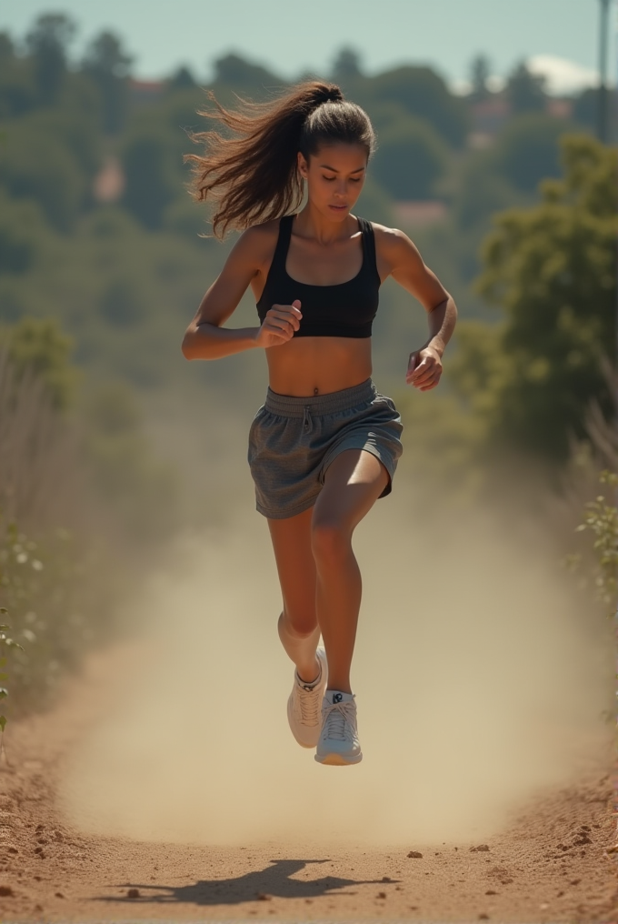 A woman in athletic attire runs energetically on a dusty trail surrounded by greenery, with sunlight highlighting her dynamic movement.