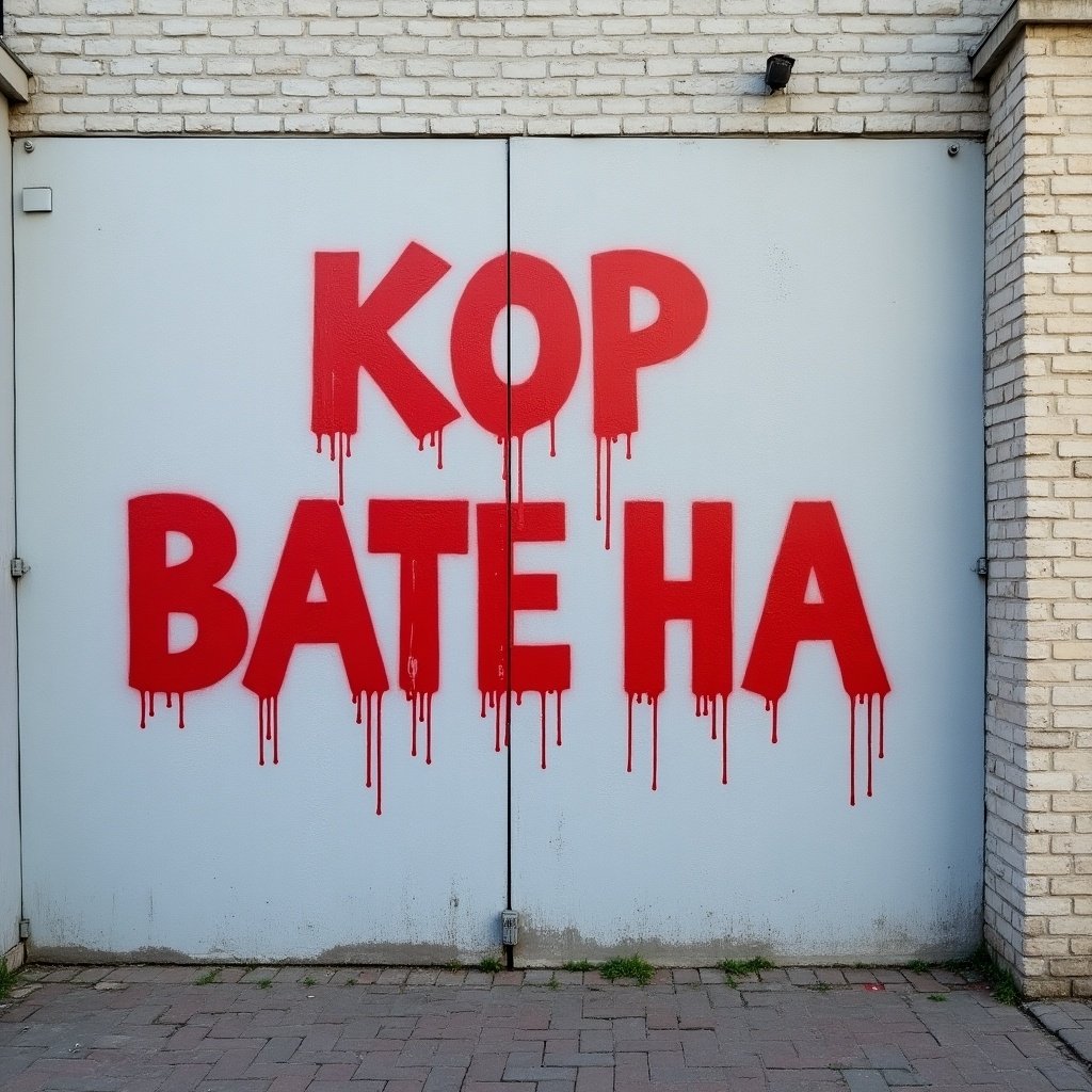 A light grey wall features large spray-painted red letters. The text reads KOPЕЙЦЫ УЕБЫBAЙTE HA СВО. The background is minimal with a focus on the text.