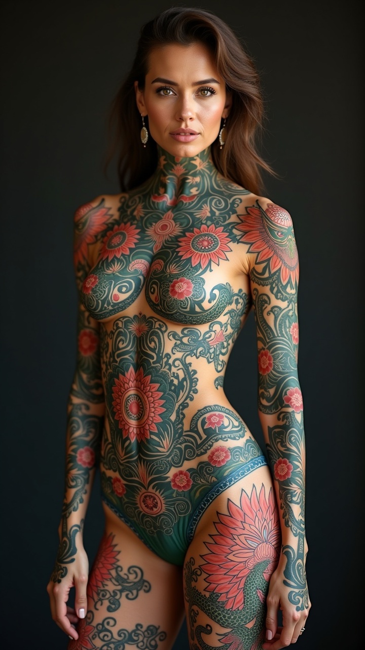 A detailed image of a woman with full-body floral tattoos, elegantly posed with a serene expression.