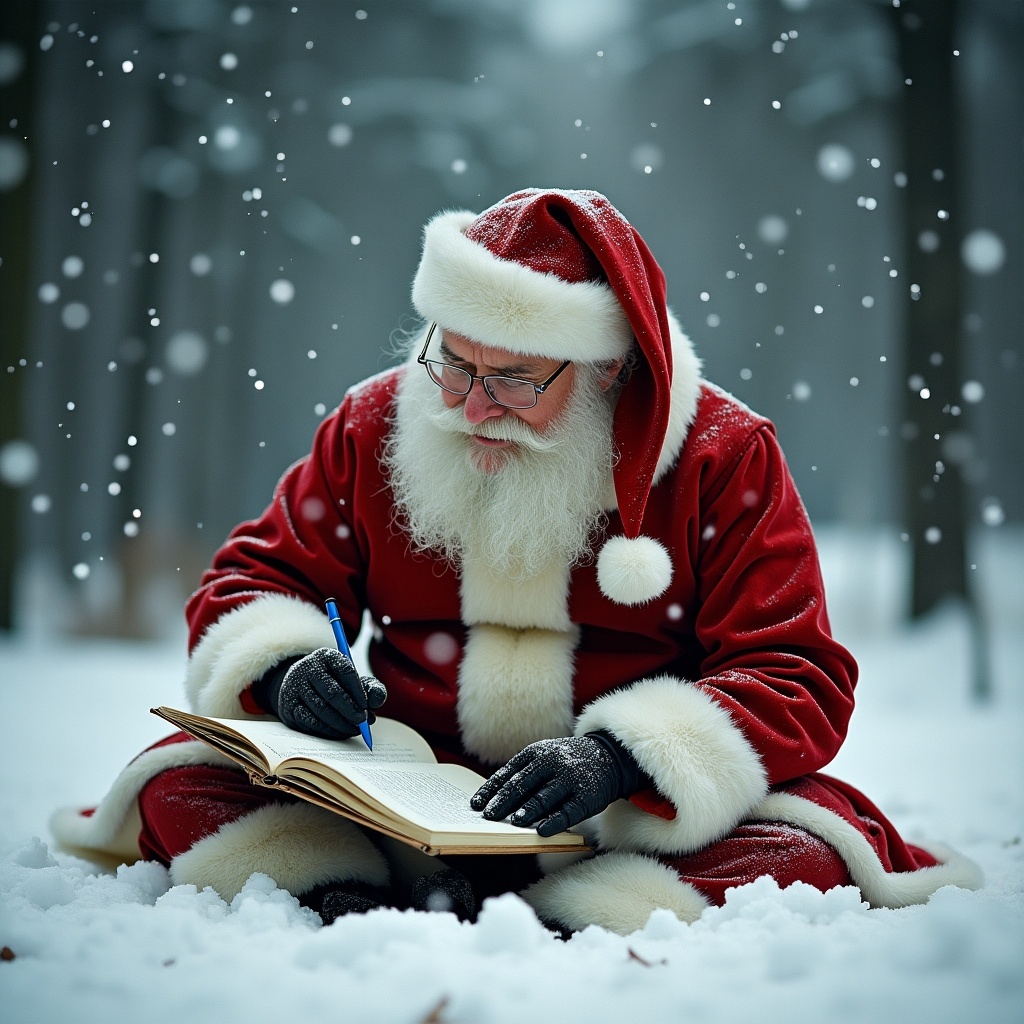 This image depicts a joyful Santa Claus, dressed in traditional red and white attire, sitting in a snowy landscape. He is intently writing in a large book, presumably recording his thoughts for the holiday season. Snowflakes gently fall around him, creating a magical winter atmosphere. His gloves suggest he is feeling the chill of the weather as he writes. The serene, snow-covered forest in the background adds to the festive and tranquil mood of the scene.