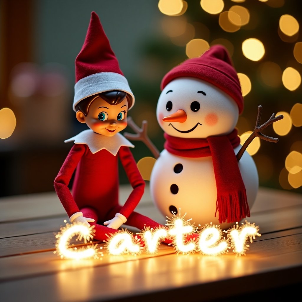 Cheerful elf and cute snowman play together during Christmas. They sit on a wooden table, surrounded by twinkling lights. Elf wears red and white outfit, snowman has a friendly smile and red scarf. They focus on arranging sparkles to spell the name 'Carter'. Warm inviting scene captures holiday spirit.