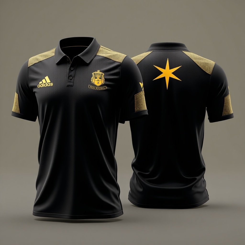 Image features cricket jersey with black and gold design. Jersey shown from three-quarter perspective. Main focus is on rising star logo on back. Soft lighting enhances textures and colors. Ideal for sports merchandising.