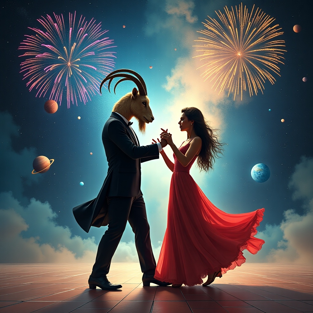 Create a vibrant scene on a cosmic dance floor where a Capricorn man, depicted as a mountain goat in a tuxedo, is attempting to tango with a Scorpio woman, illustrated as a scorpion in a gown. They are surrounded by a celestial backdrop filled with stars and planets. Colorful fireworks explode in the sky, adding to the magical atmosphere. The scene conveys both intensity and playful energy, emphasizing the blend of earth and water elements in their dance. Capture the dynamic tension and attraction between these two characters with a mix of realism and fantasy.