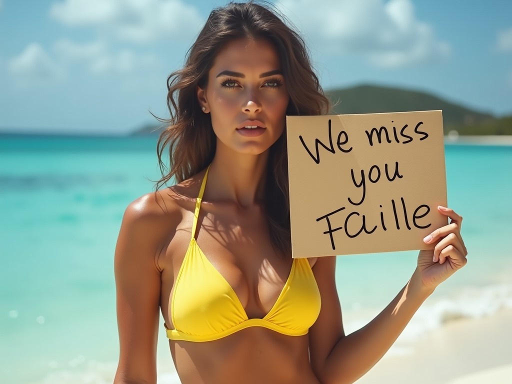 The image features a person at a seaside location, holding a sign that reads 'We miss you Faille.' The individual is wearing a yellow bikini and is positioned in front of a tranquil, turquoise ocean backdrop, with distant islands visible under a clear sky.