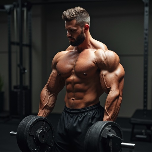 Muscular man lifting heavy dumbbells in a gym. Focus on the well-defined muscles and strength. Capture the intensity of the workout.