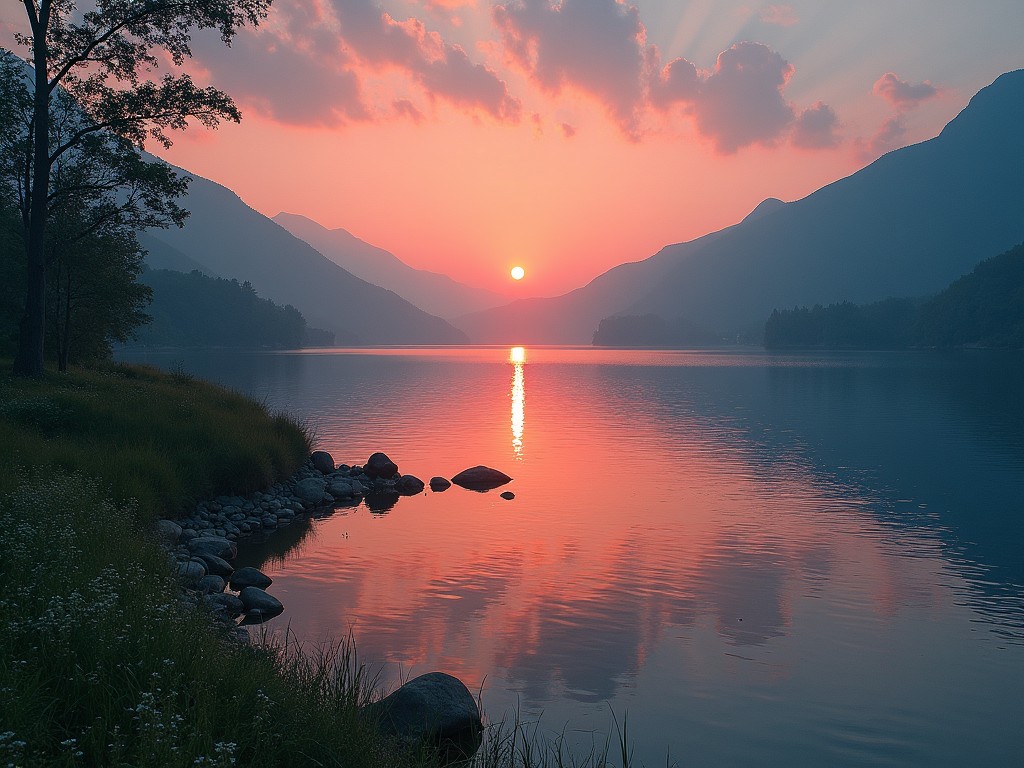 The image depicts a serene landscape featuring a tranquil lake at sunset. The sun sets behind majestic mountains, casting warm peach and yellow hues across the sky. The water reflects the stunning colors, creating a mirror-like effect. Wisps of clouds catch the sunset light, adding depth to the scene. Lush greenery frames the shoreline, enhancing the peaceful ambiance of the environment.