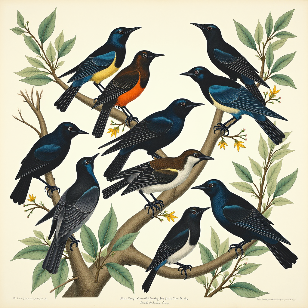 An artistic illustration of various colorful birds perched on a tree branch.