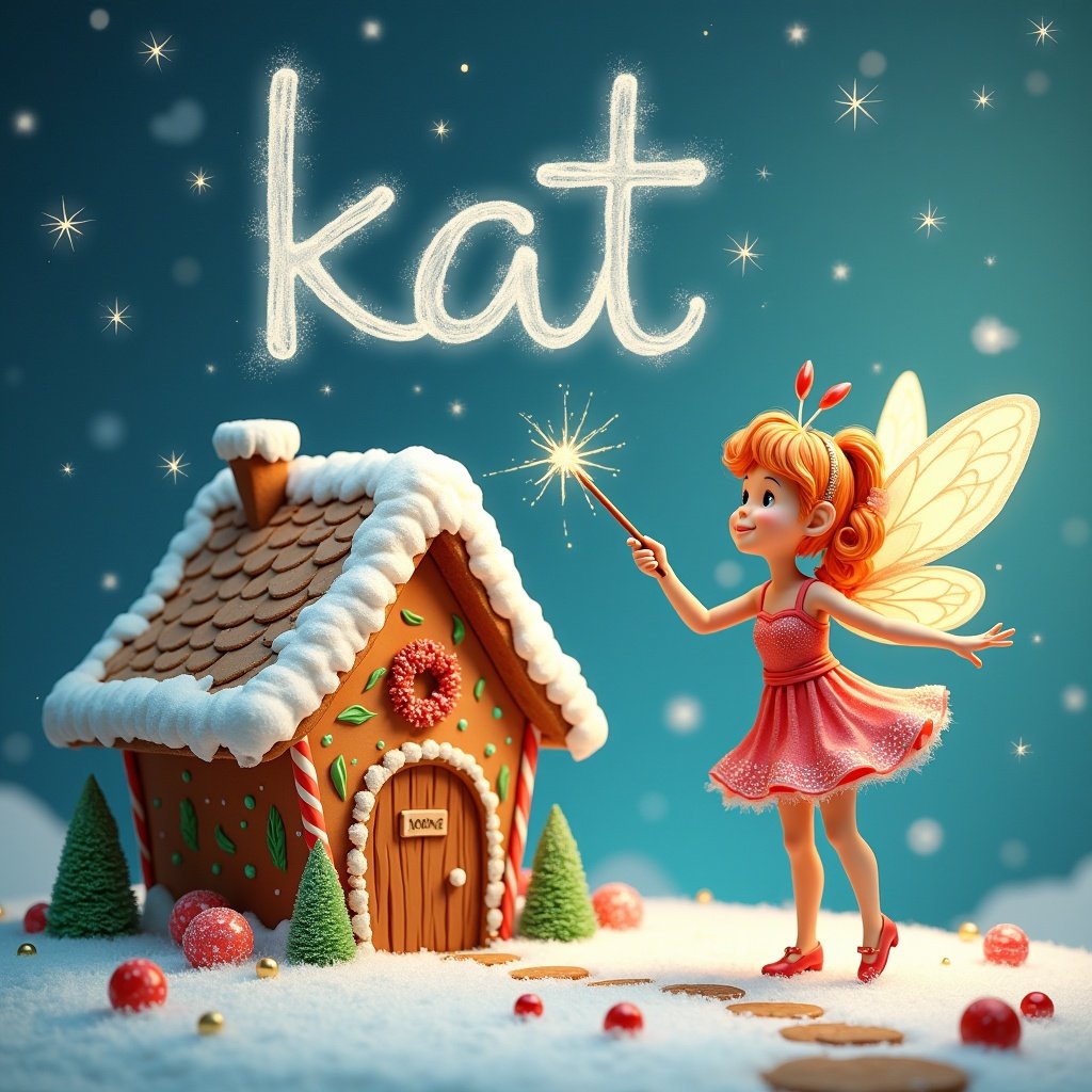 Gingerbread house decorated with icing and candy. Fairy creature holding a wand. Fairy writes the name kat in the sky with sparkling light.