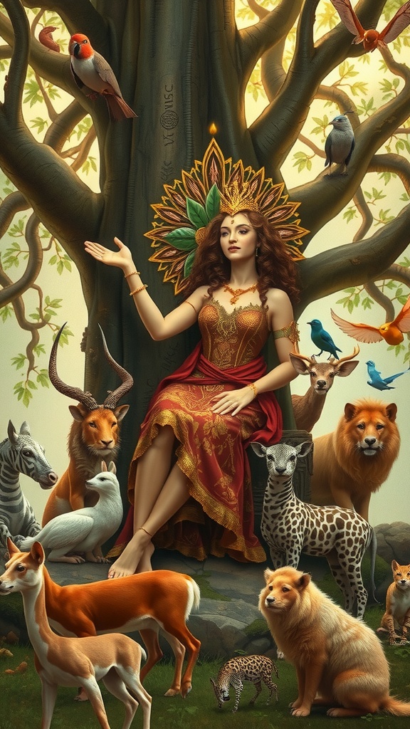 A mystical woman adorned in a golden crown sits surrounded by various animals under a tree.