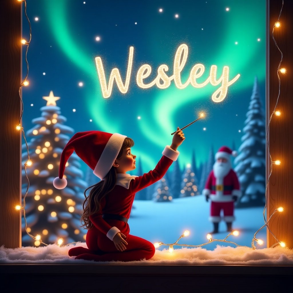 Enchanting scene with an elf on the shelf facing a vibrant night sky. Using a wand to write 'Wesley' in sparkling letters above. Background includes a magical Christmas setting with northern lights and snow-covered trees. Santa Claus is visible in the distance.