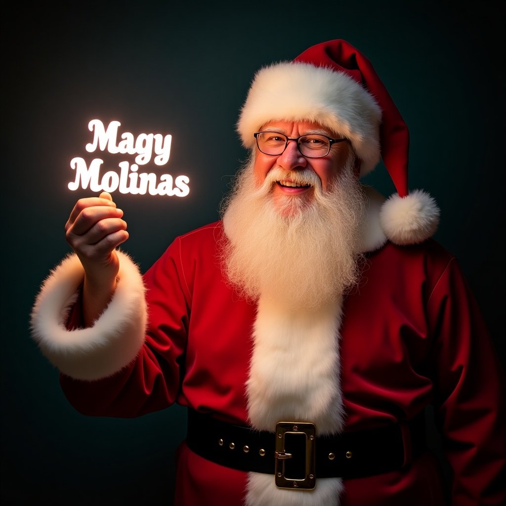 Image of Santa Claus in red and white suit. Santa is holding a glowing stick with name 'Magy Molinas'. Joyful expression and festive ambiance are present. Scene represents Christmas magic.