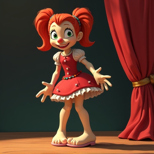 A character from Cuphead stands playfully. The character has red hair styled in pigtails. She wears a red dress with white frills. The dress is adorned with gems. The character takes a playful stance showing her bare feet. The background features red fabric.