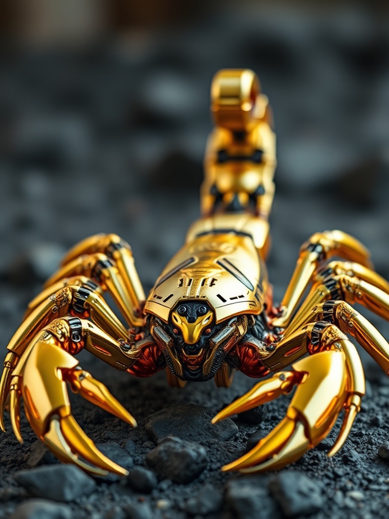 The image depicts a highly detailed and futuristic robotic scorpion, with a striking golden armor. It is positioned on a rocky terrain, creating a sharp contrast between the metallic sheen and the rugged earth. The scorpion's design features intricate mechanical components, highlighting advanced technology and precision engineering.