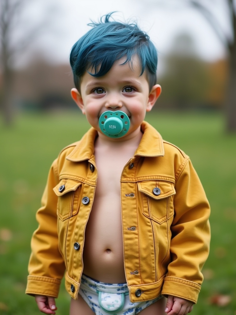 Seven year old boy with blue hair and green eyes. Wearing yellow denim jacket and diapers. Smiling with pacifier at the park.