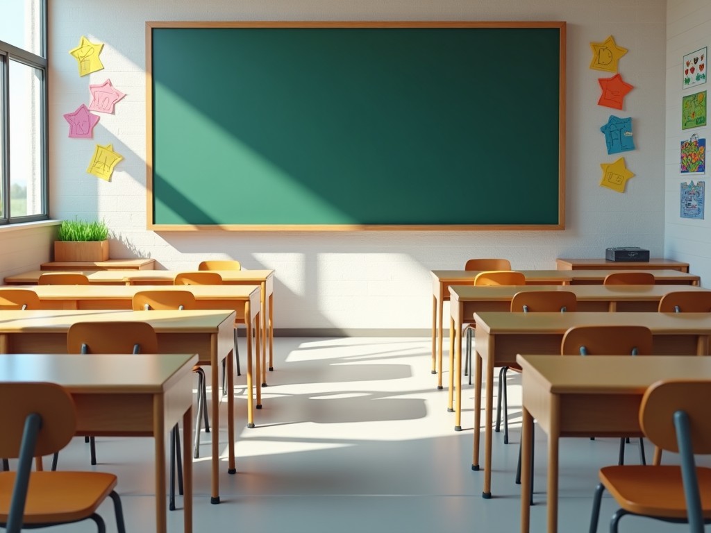 This image showcases a neatly arranged classroom. Rows of wooden desks are facing a large blank chalkboard, creating a perfect setup for learning. The room is well-lit with ample sunlight streaming through large windows. Colorful papers are displayed on the walls, adding a cheerful touch to the environment. This scene emphasizes a welcoming atmosphere ideal for education and classroom activities.