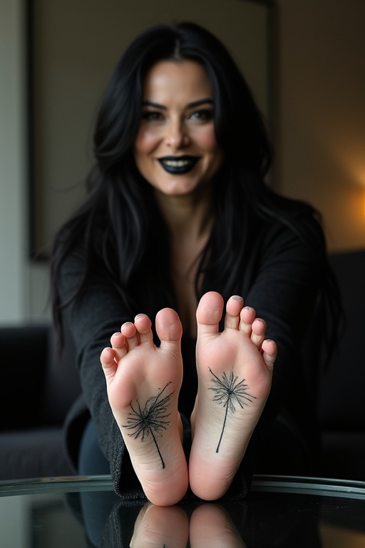 The image depicts a mature goth woman with long black hair and dark lipstick. The focus is on her tattooed soles of bare feet. She is seated on a couch with her feet resting on a glass table. The woman is smiling, showcasing her tattoos gracefully.