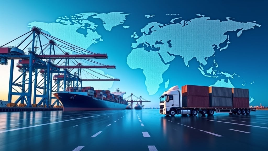 Image of a busy port with cranes lifting containers and a large cargo ship. A truck is transporting a container. A world map is in the background showing the global nature of shipping. Blue tint adds a modern look.