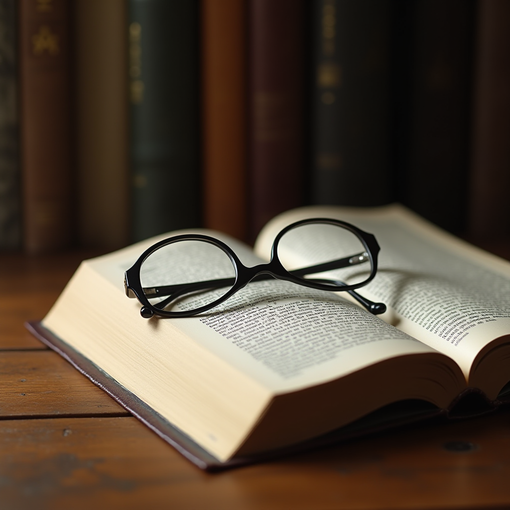 A pair of black glasses rests on an open book, with a background of more books on a wooden table.