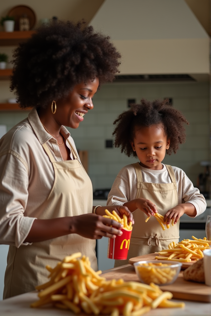 A woman and a child are joyfully preparing French fries in a kitchen.