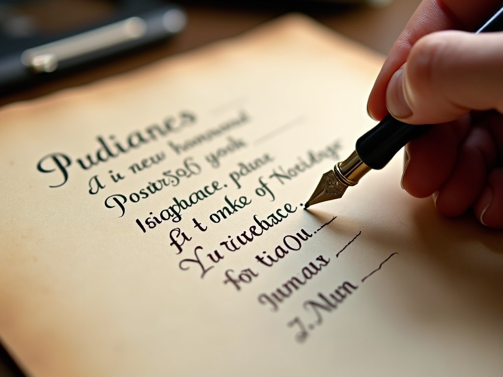 a person writing with a fountain pen on parchment paper, focusing on elegant calligraphy