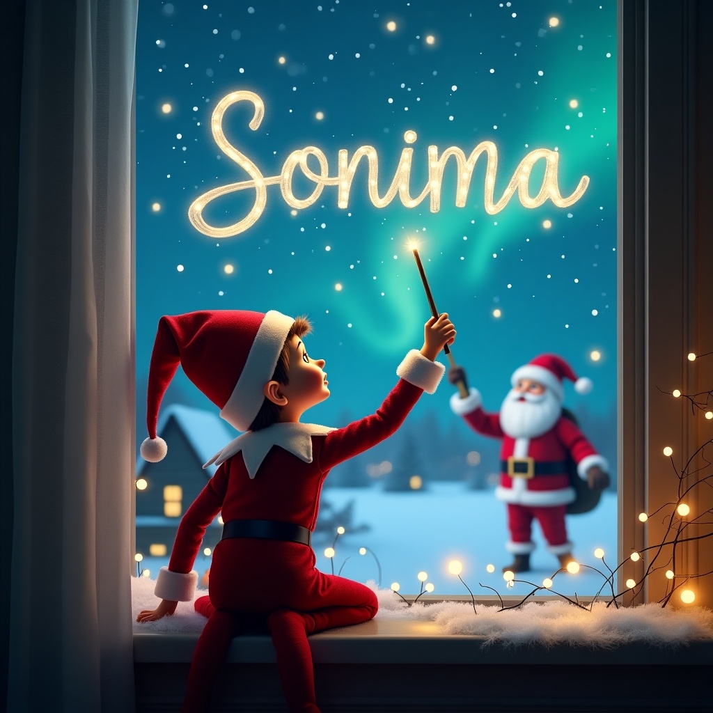 An elf on the shelf is shown with his back to the viewer, facing a magical night sky. He is using a wand to write the name 'Sonima' in glowing letters against a backdrop filled with northern lights. In the background, Santa Claus can be seen, adding a whimsical touch to the scene. The window frame is adorned with twinkling fairy lights, enhancing the festive atmosphere. This enchanting Christmas image captures the wonder and magic of the holiday season.