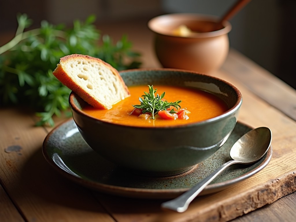 A beautifully styled bowl of bright orange soup sits on a rustic wooden table. The bowl is set on a decorative plate with a shiny spoon beside it. A slice of bread rests on the rim of the bowl, while a small cup of soup is visible in the background. Fresh herbs are scattered around, adding a touch of green. The lighting is warm and inviting, perfect for a cozy meal scene.