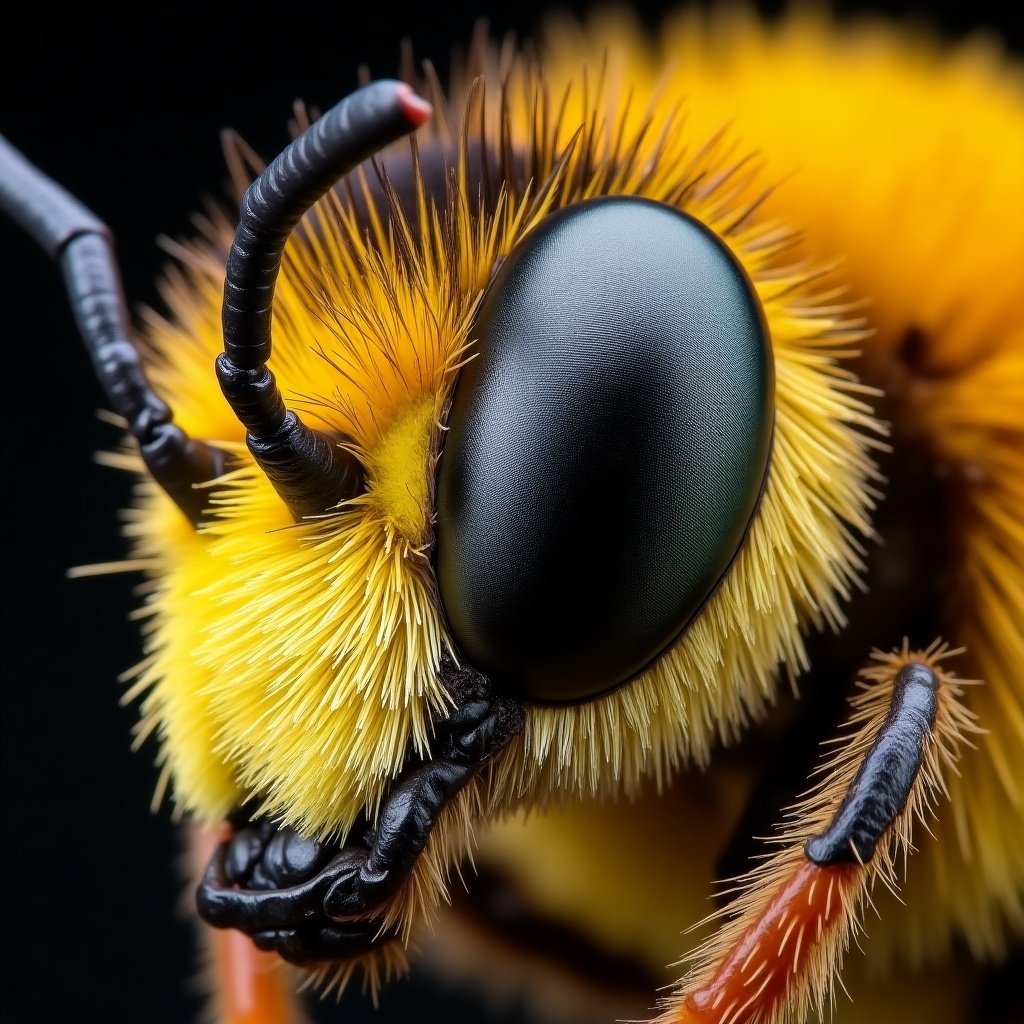 Stunning close-up photograph shows a bee's eye and antennae with intricate textures and details.