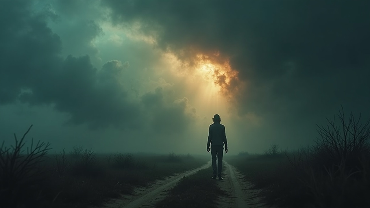 A silhouette of a solitary figure walking along a dirt path under a dramatic, cloudy sky with a golden light breaking through.