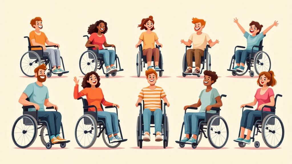 Set of funny cartoon characters in wheelchairs. Comedic style. Flat vector illustration. Male and female characters displayed in various engaging poses.