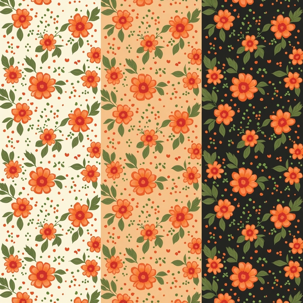 The image showcases a series of vertically arranged floral patterns set against varying backgrounds. Each pattern is characterized by vibrant orange and red flowers along with green leaves, creating a rich and lively visual theme. The patterns alternate between light cream and dark brown backgrounds, emphasizing the contrast and providing a diverse visual appeal. This composition can be used in various design projects such as textiles, wallpapers, and craft supplies. The bright colors and floral motifs evoke a cheerful and inviting atmosphere, making it perfect for home decor and stationery. Designers can find inspiration in this stylish combination of colors and patterns.