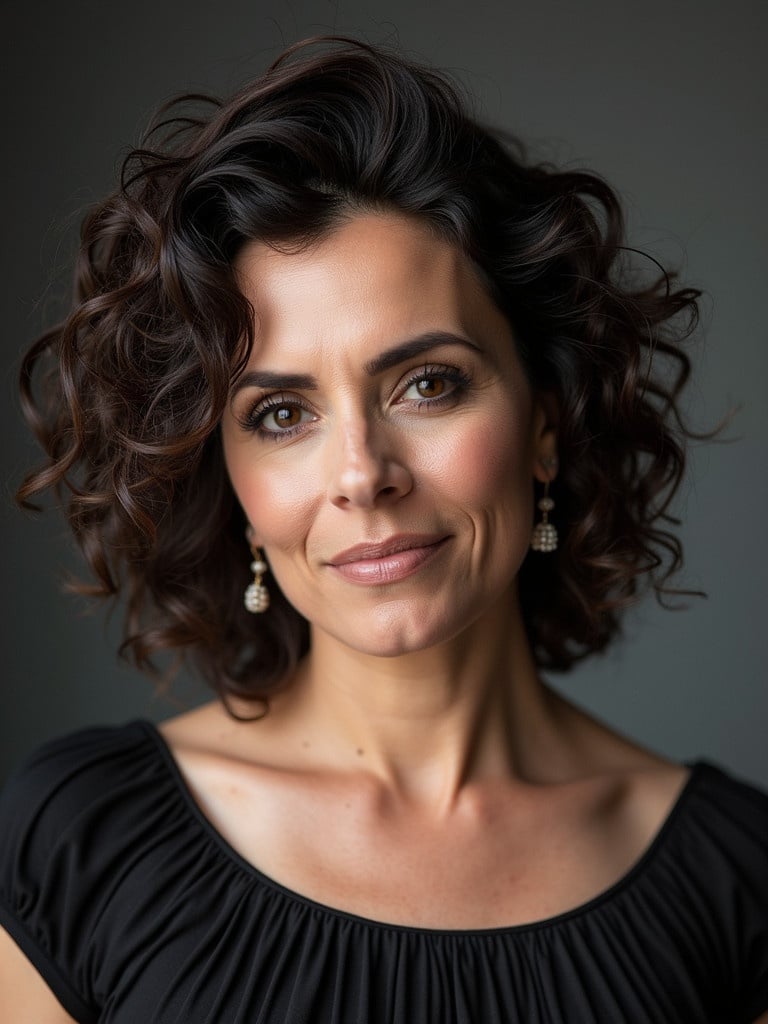 A woman with curly hair wearing a black top. The photo focuses on her hairstyle and upper body details. The background is neutral and soft. The lighting is natural.