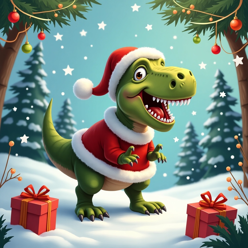 This image features a playful cartoon dinosaur named Rexton-Ray, dressed in a cheerful Santa outfit. He stands in a joyful pose, surrounded by a snowy winter scene adorned with Christmas decorations. Two bright red gift boxes rest at his feet, emphasizing the festive theme. The background is filled with evergreen trees, decorated with ornaments and snowflakes, creating a magical holiday atmosphere. The character's wide smile and festive attire evoke a sense of joy and celebration.