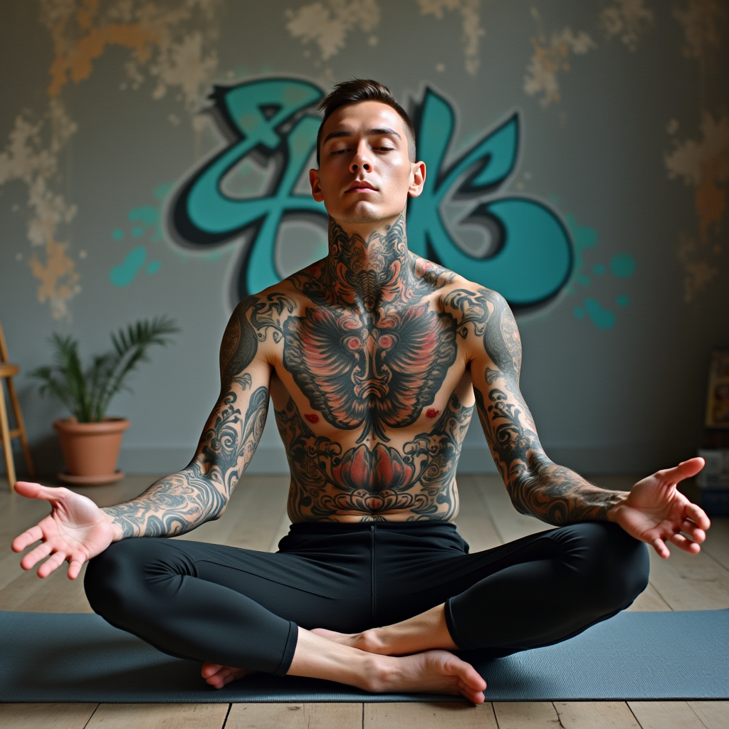 A tattooed person meditates in a room with graffiti on the wall.