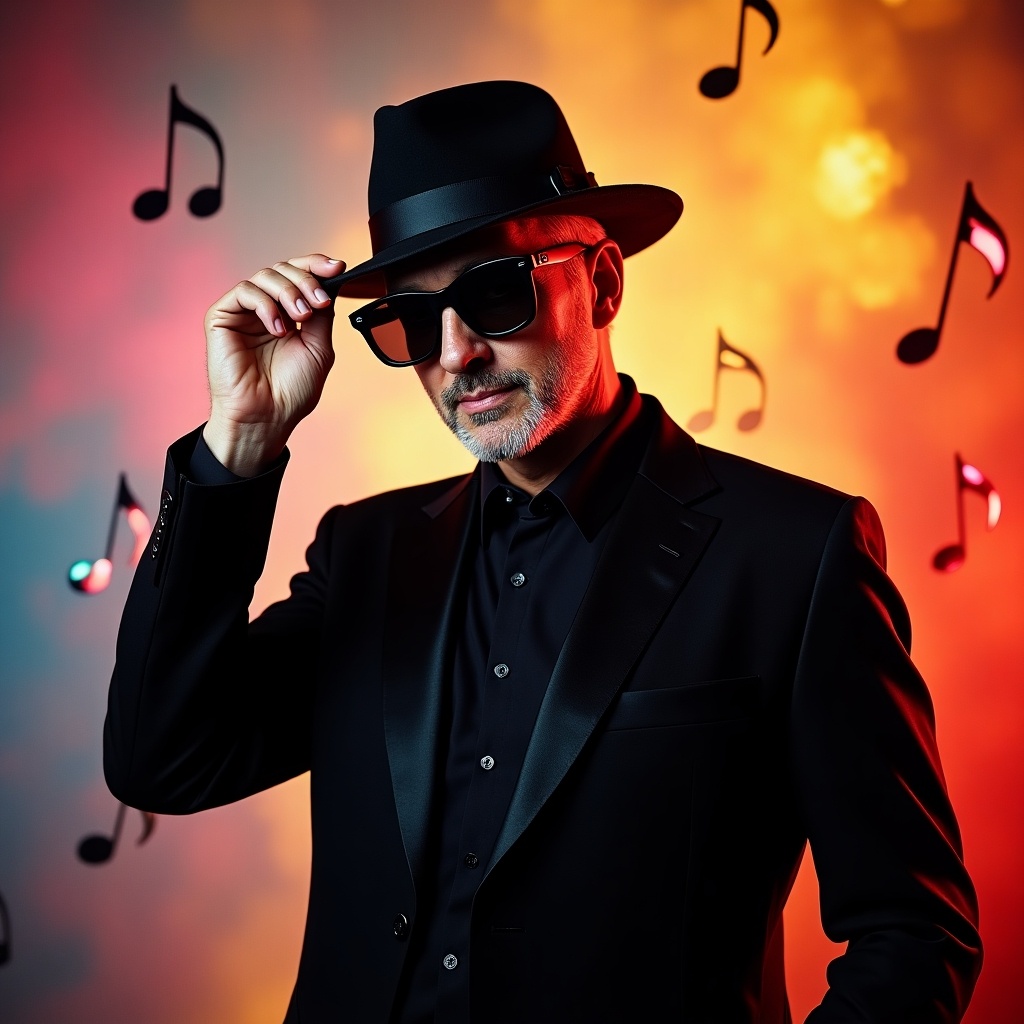 The image features a stylish man embodying the essence of a pop music star. He wears a classic black suit, large sunglasses, and a fashionable hat. The background is filled with vibrant colors and musical notes that emphasize a lively atmosphere. His pose is confident, with one hand elegantly raised. The overall composition evokes a sense of nostalgia and admiration for the music genre.