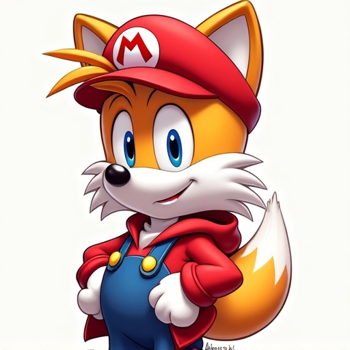 Draw Tails wearing a plumber cap and a hoodie with no background. Tails is an anthropomorphic fox character. The hat is red with a white logo. He has bright blue eyes and a friendly smile. His hoodie is red with the zipper down. His tail is fluffy and orange.