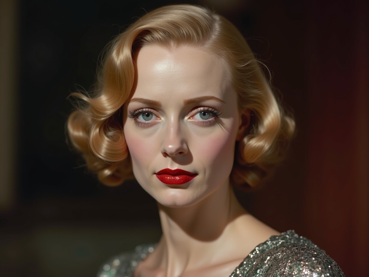 The image features a young woman mirroring the legendary beauty of Greta Garbo. She has gorgeous grey-blue eyes and long, delicate eyelashes, giving her an enchanting look. Her lips are painted a vibrant red, standing out against her fair skin with intricate details. The style of the portrait reflects the glamour and elegance of 1933, capturing the essence of classic Hollywood. High-quality, realistic color photography enhances the timeless feel.