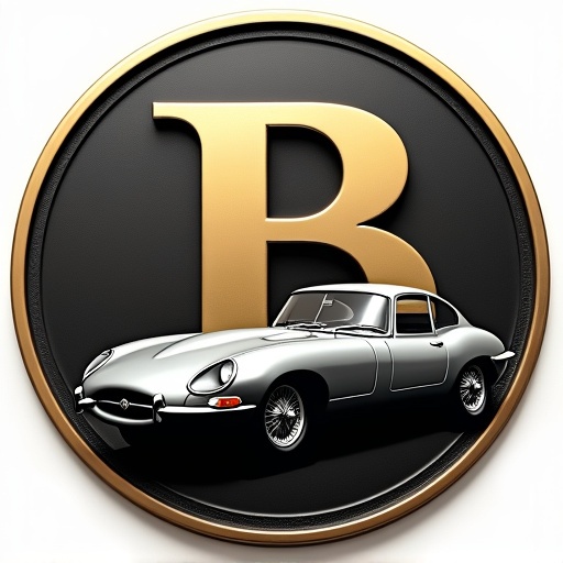 A logo on a medal with black to gold gradient. Silver Jaguar E-Type in dynamic sporty depiction. Large letter B behind car. Horizontally mirrored B of same size next to it.