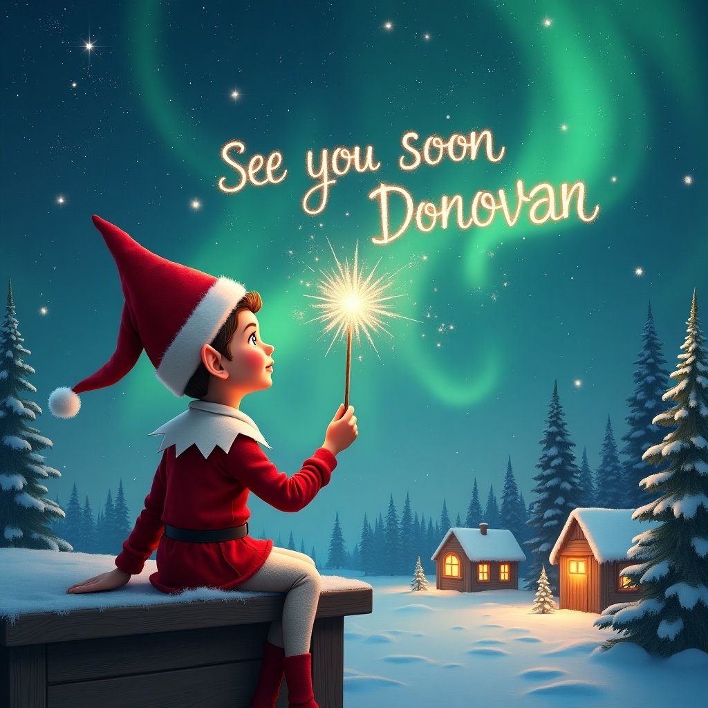 An elf sits on a wooden ledge, facing away, looking up at a magical night sky. The elf wears a festive red outfit with a pointed hat. In its hand, a sparkling wand creates a beautiful glow. The elf writes 'See you soon Donovan' in the starry sky. The scene is set in a snowy landscape, with charming houses and evergreen trees. Northern Lights shimmer in the background, enhancing the enchanting atmosphere. This captures the joyful essence of Christmas magic and childhood wonder.