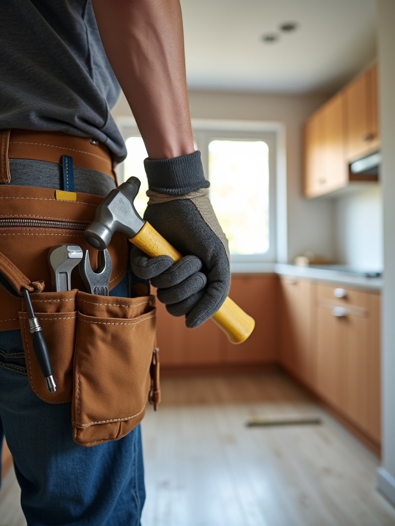 Image shows a builder handyman holding a hammer. He wears sturdy work gloves. A tool belt hangs on his waist filled with tools. Background features a kitchen undergoing renovation with cabinets and flooring work.