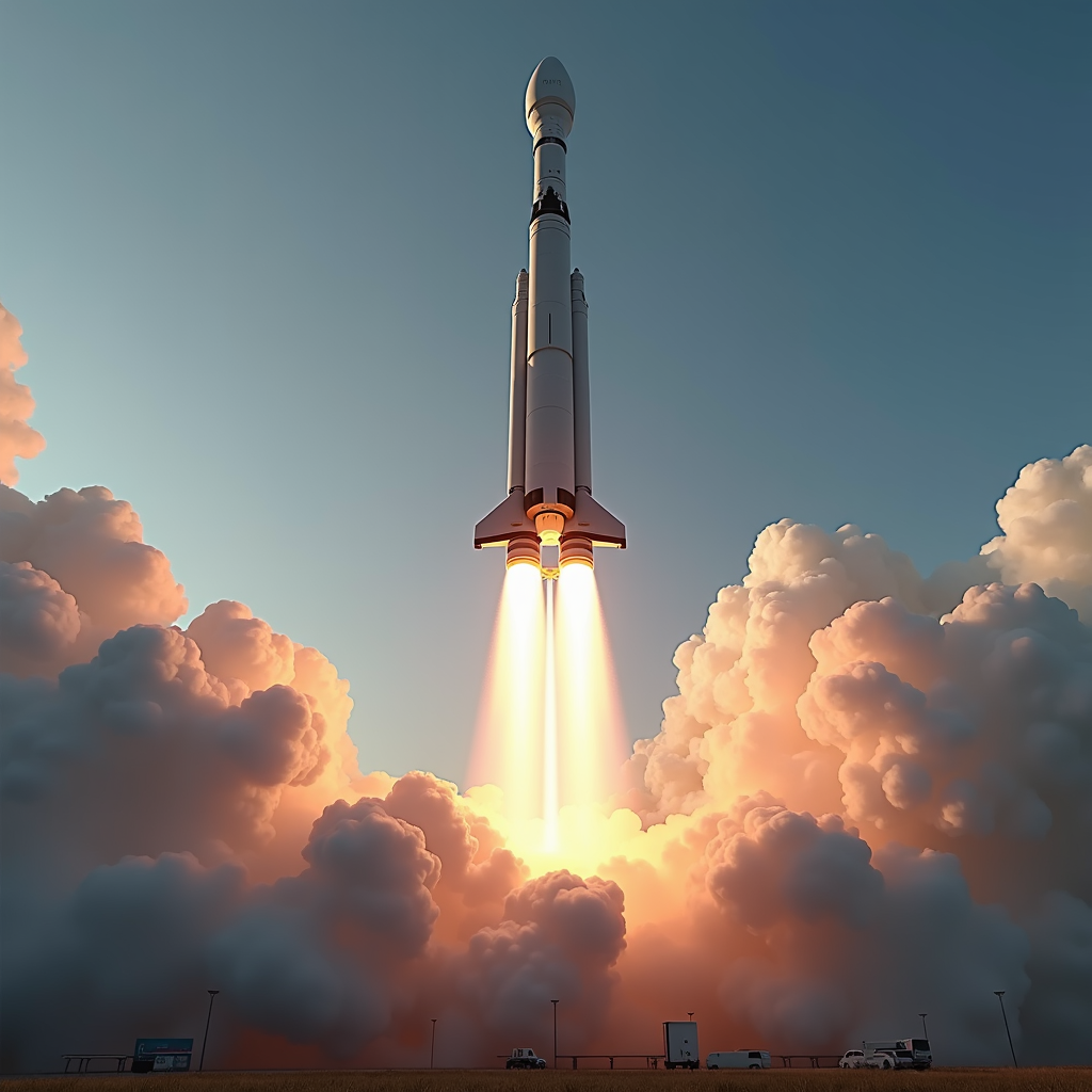 A rocket launches into the sky surrounded by billowing clouds of smoke and fire.