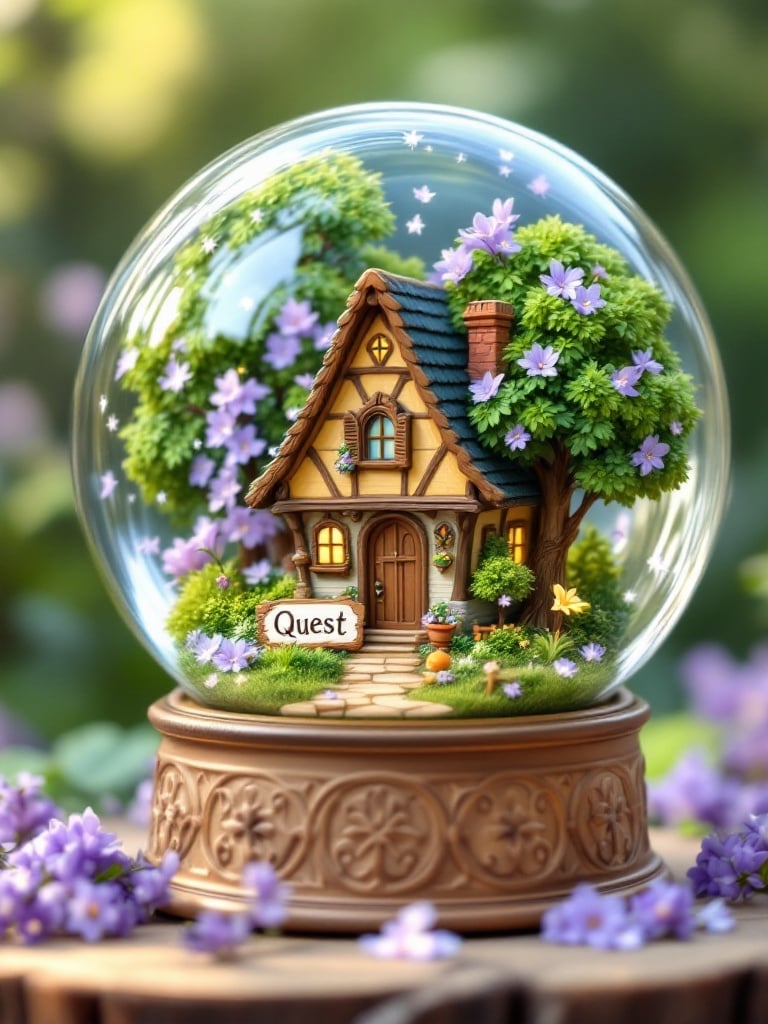 Enchanted summer-themed snow globe featuring storybook-style house among lush trees. Charming house with quaint architecture and inviting windows. Delicate purple flowers swirling inside the globe instead of snowflakes. Small sign reading 'Quest' at the entrance. Elegant base to focus on interior scene.