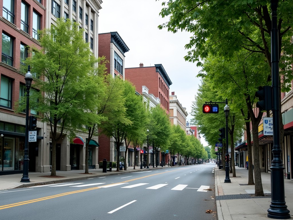 Photography of an urban street city, capturing a bustling neighborhood. The image showcases different styles of buildings, including modern and classic architecture. Lush green trees provide a nice contrast against the colorful facades. A traffic light indicates the flow of movement, emphasizing the liveliness of the area. Sidewalks are lined with street lamps, adding to the urban feel. This scene reflects everyday life, ideal for a stock image.