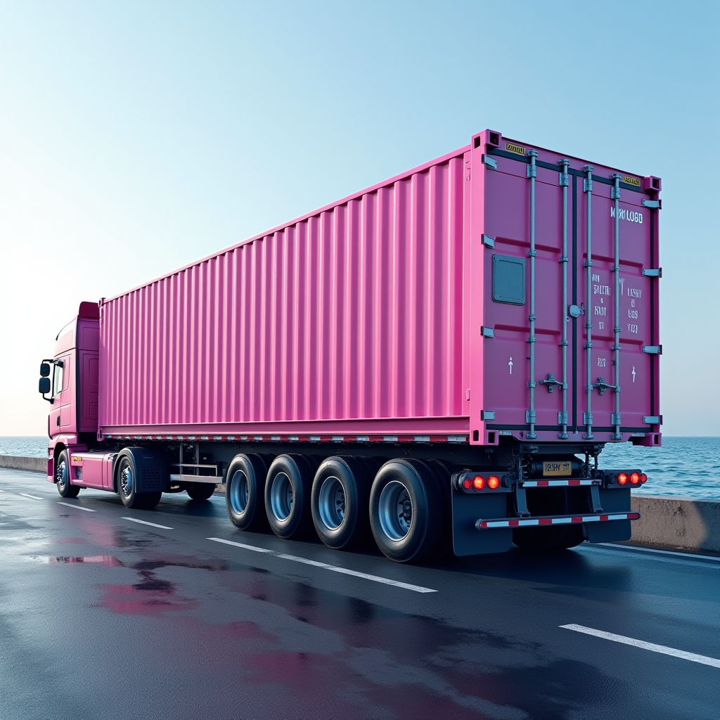 A pink truck with a shipping container drives along a coastal road.