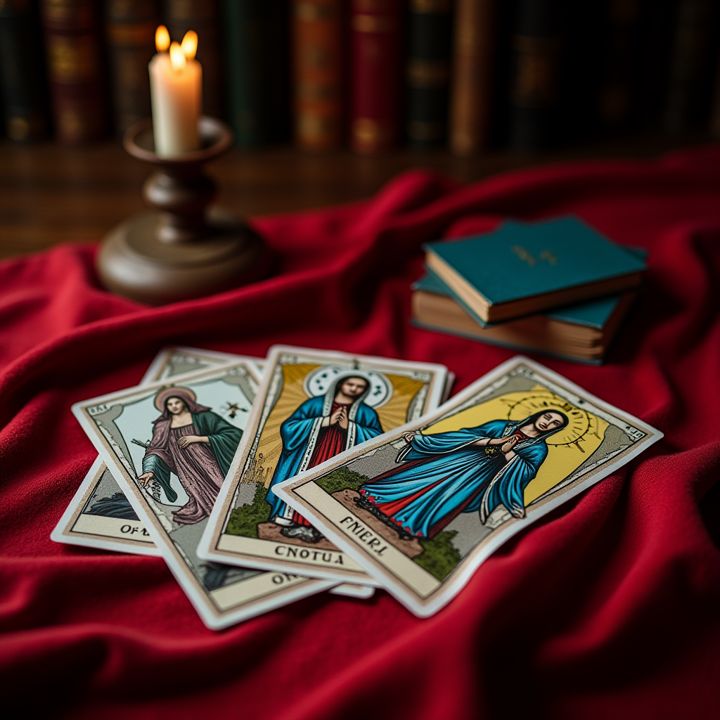 An arrangement of tarot-like cards with religious imagery on a red cloth, accompanied by a lit candle and stacked books in a cozy, mystical setting.