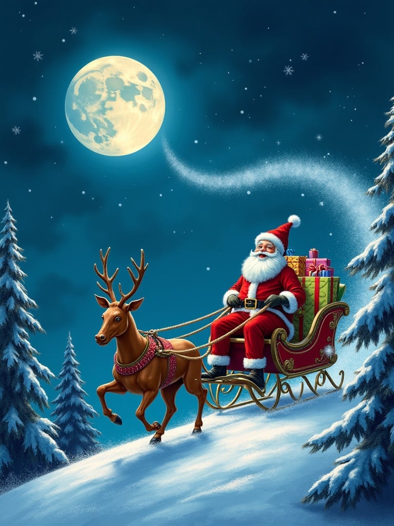 Santa Claus drives his sleigh into the night sky. A full moon shines above. Colorful presents fill the sleigh. Pine trees surround the scene. The atmosphere is magical and festive.