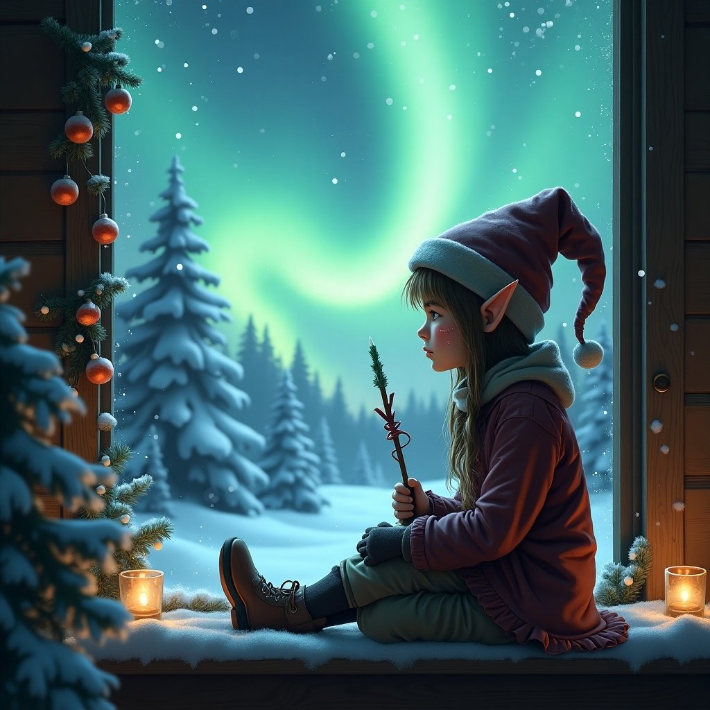 Elf girl with a sad expression sits by a winter window. She gazes at the northern lights illuminating the sky. Holds a wand spelling wildcats. Sadness reflected in her eyes. Window ledge is adorned with snow and festive decorations. Outside, snow-covered trees enhance the enchanting ambiance. A solitary tear glistens on her cheek.