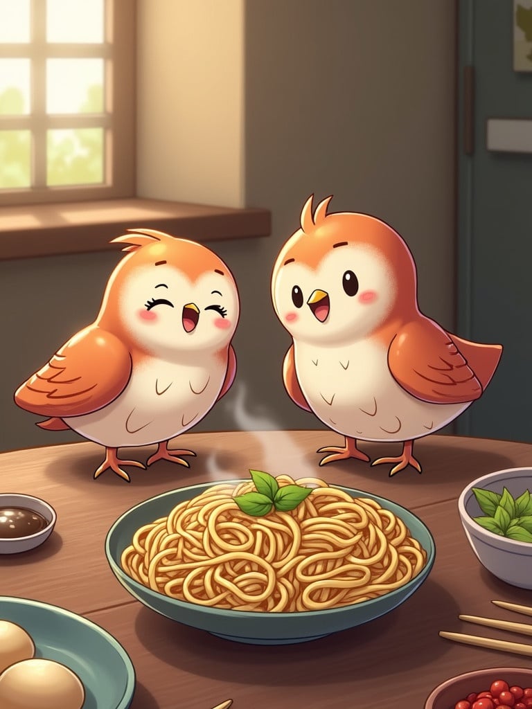 Two cartoon birds showing happiness near a bowl of noodles. Dumplings placed around. Bright indoor setting with sunlight. Friendly and cheerful vibe.